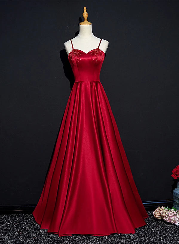 Wine Red Satin Beaded Sweetheart Party Prom Dress