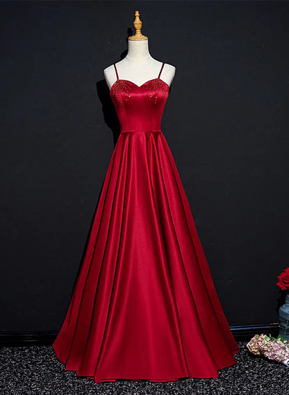 Wine Red Satin Beaded Sweetheart Party Prom Dress
