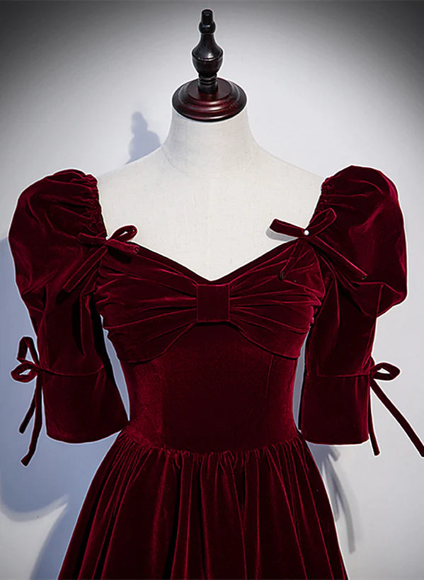Wine Red Short Sleeves A-line Long Party Prom Dress