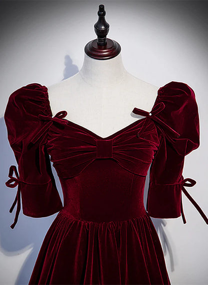 Wine Red Short Sleeves A-line Long Party Prom Dress