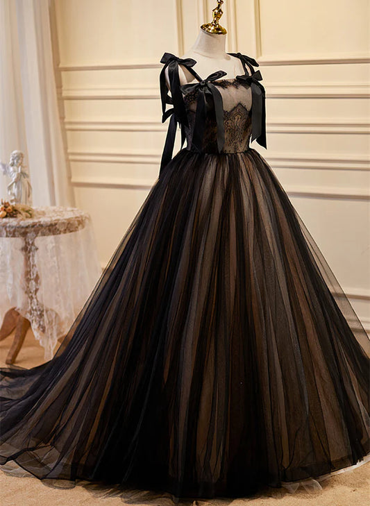 Black Straps Tulle with Lace Long Formal Dress
