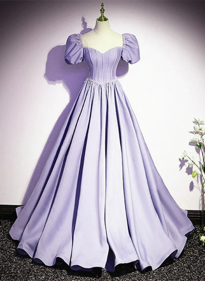 Light Purple Satin Short Sleeves Beaded Party A-line Long Prom Dress