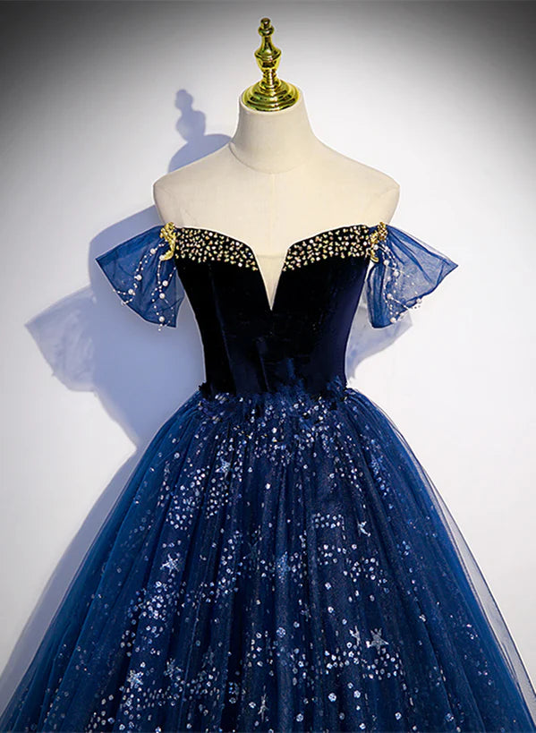 Navy Blue Tulle Off Shoulder Beaded Long Party Prom Dress