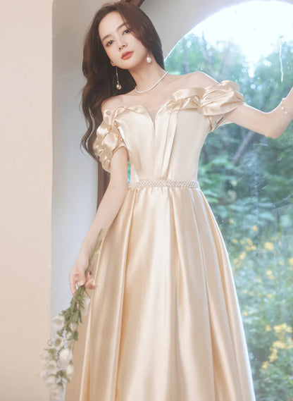 A-line Beaded Evening Dress Champagne Satin Long Off Shoulder Prom Dress