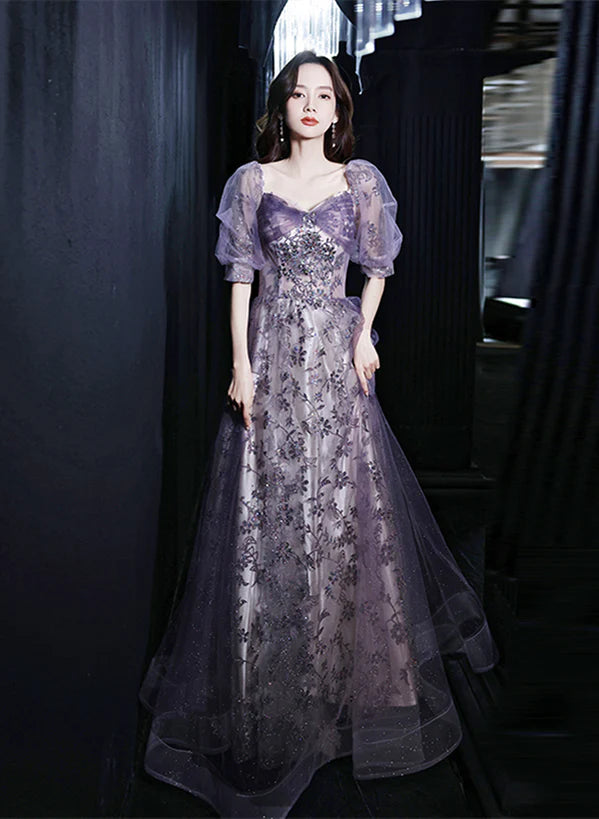 Purple Short Sleeves Tulle Sweetheart Party Prom Dress