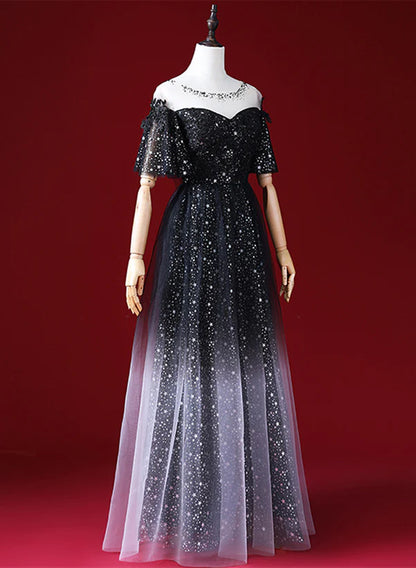 Black A-line Gradient Tulle Short Sleeves Prom Dress