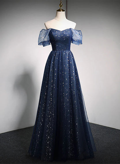 Navy Blue Long Off Shoulder A-line Prom Dress