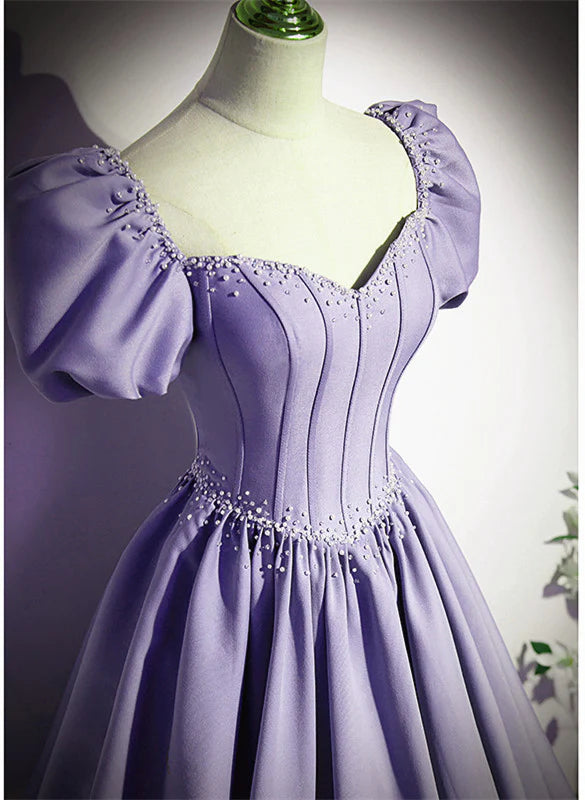 Light Purple Satin Short Sleeves Beaded Party A-line Long Prom Dress