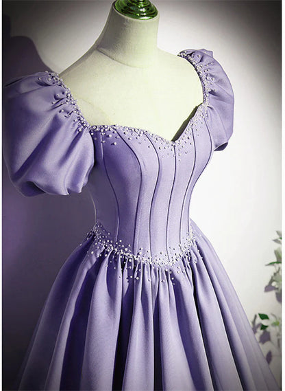 Light Purple Satin Short Sleeves Beaded Party A-line Long Prom Dress