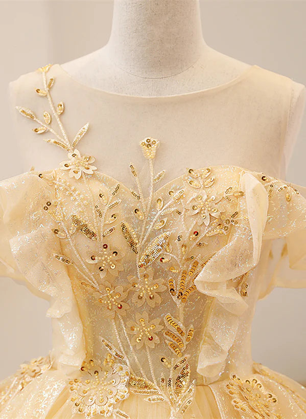 Light Yellow Tulle with Beadings and Lace Party Prom Dress