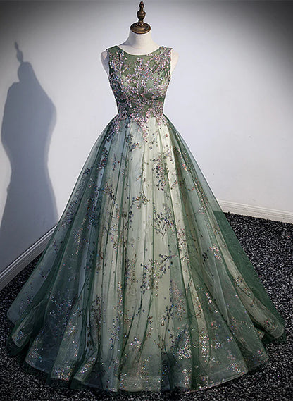 Green Tulle Round Neckline Long Party Lace Prom Dress