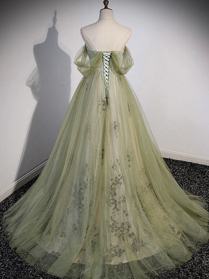 Light Green Sweetheart Tulle Beaded Party Long Prom Dress