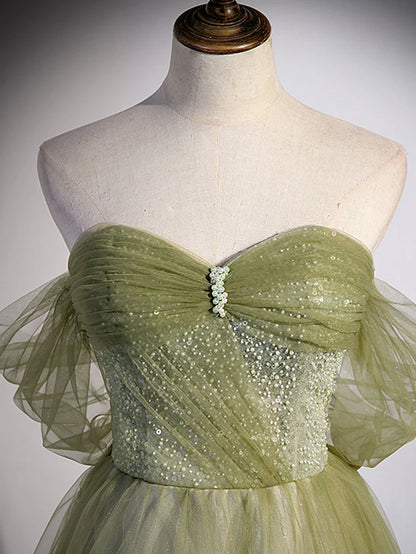 Light Green Sweetheart Tulle Beaded Party Long Prom Dress