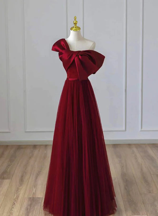 Wine Red Satin and Tulle A-line Simple Prom Dress