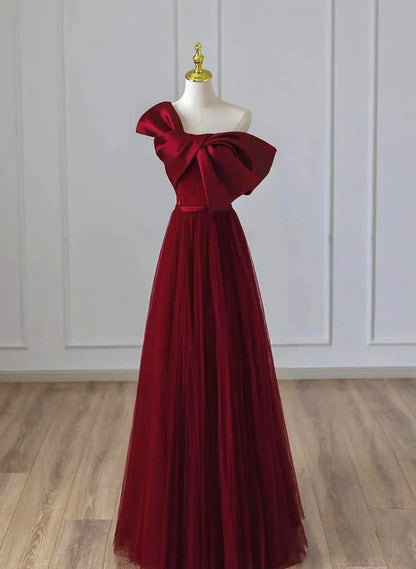 Wine Red Satin and Tulle A-line Simple Prom Dress