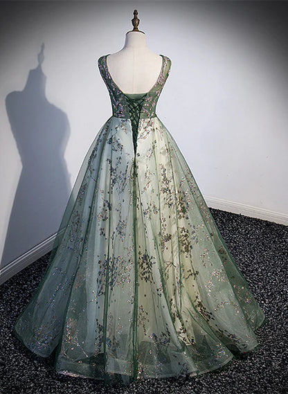 Green Tulle Round Neckline Long Party Lace Prom Dress