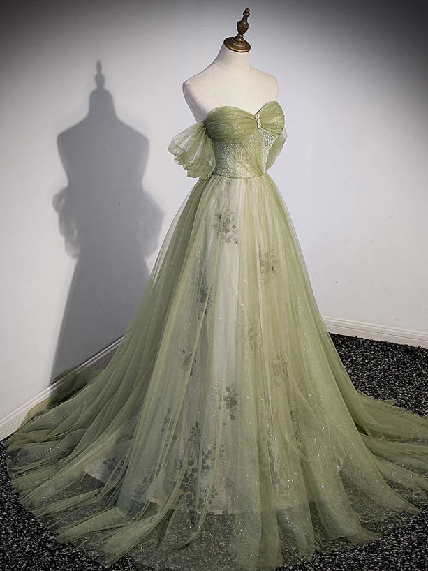 Light Green Sweetheart Tulle Beaded Party Long Prom Dress