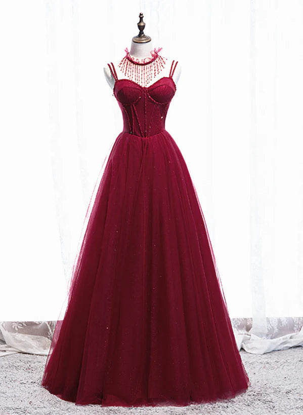 Wine Red Beaded Straps Party Dress Prom Dress
