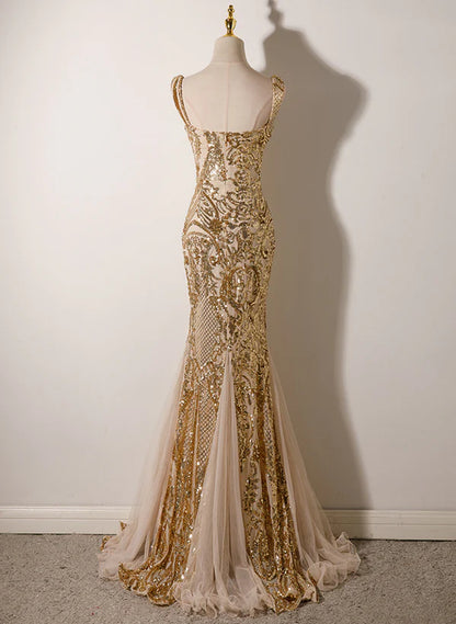 Champagne Mermaid Straps Long Evening Prom Dress