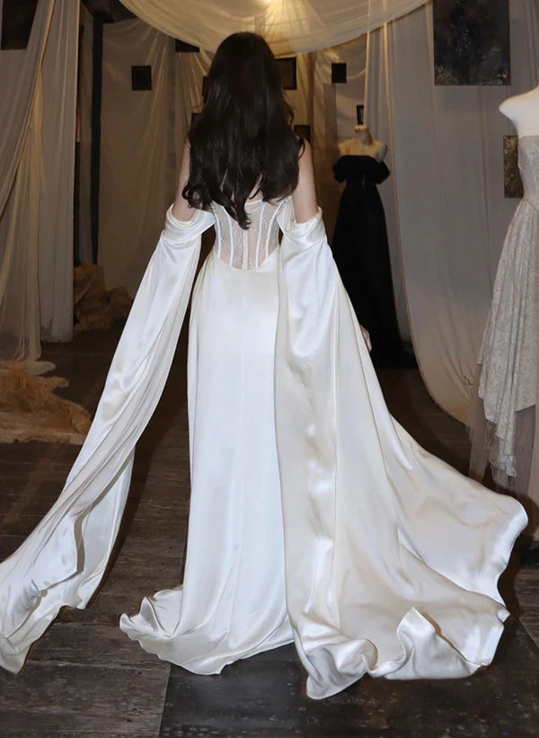 White Satin A-line Long Scoop Long Prom Evening Dress