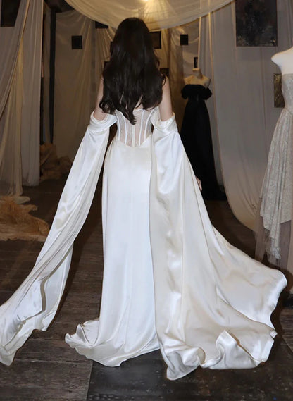 White Satin A-line Long Scoop Long Prom Evening Dress