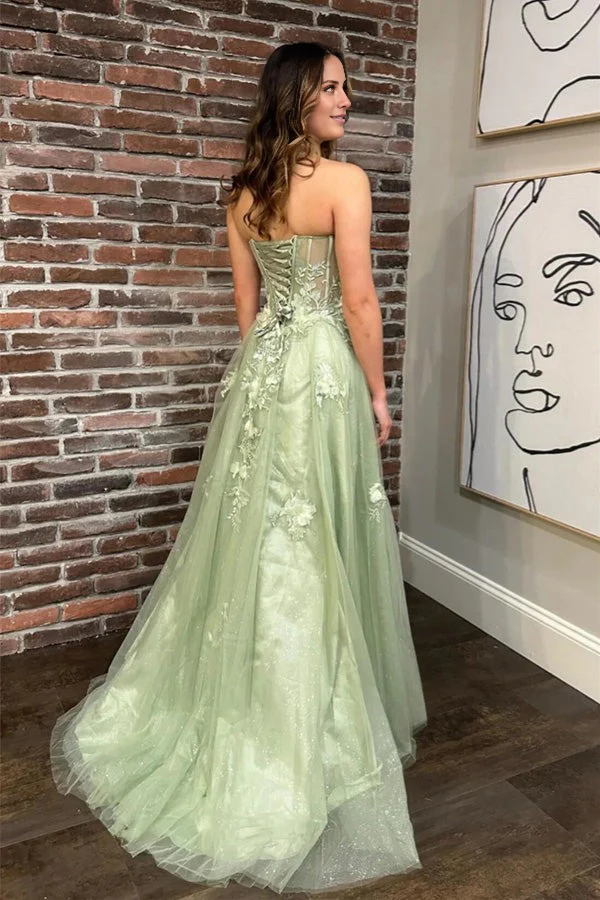 Off-the-Shoulder A-line Sage Green Strapless Long Prom Dresses With Slit