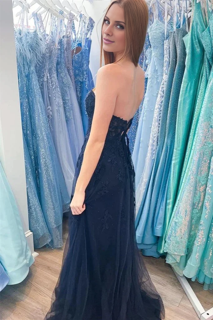 Off-the-Shoulder A-line Strapless Floral Appliques Long Prom Dresses