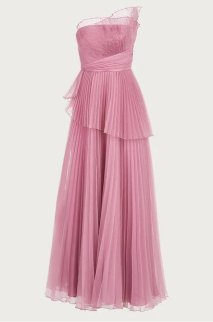 Off-the-Shoulder Floor Length Ruffle One-Shoulder Pleated Prom Party Dress