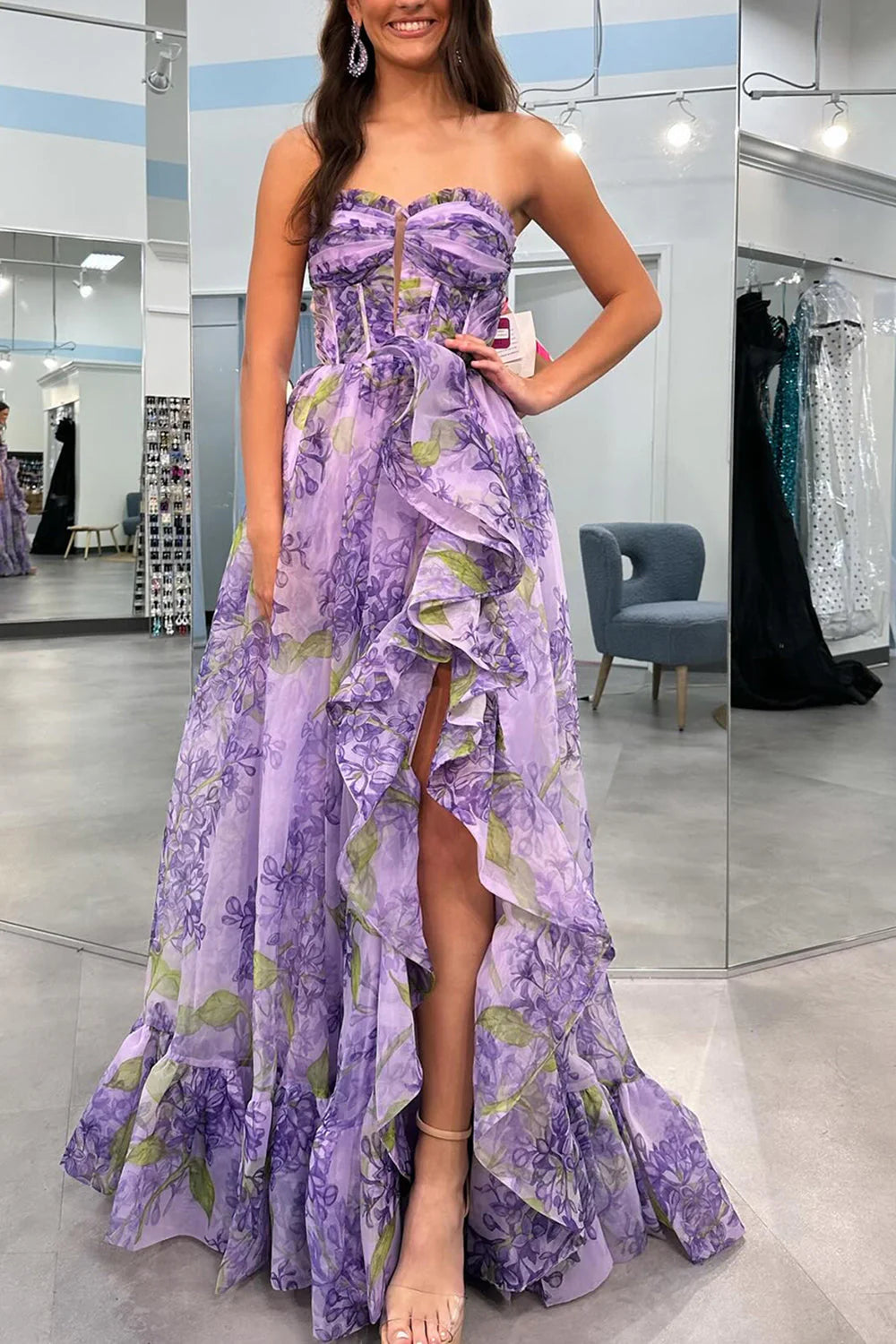 Off-the-Shoulder Lavender A-Line Strapless Long Ruffle Prom Dress With Detachable Sleeves
