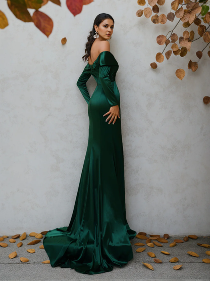 Formal Women's Dresses Mermaid/Trumpet Off-the-Shoulder Long Sleeves Floor-Length Prom Evening Dress with Ruffles Prom Dresses Stores