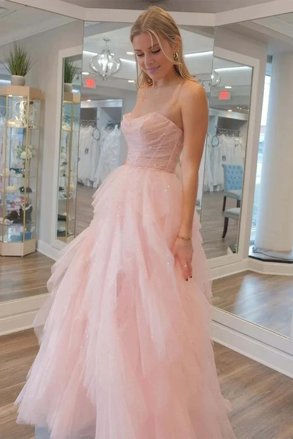 Off-the-Shoulder Multi Layer Strapless Sequin Beaded Tulle Stunning Light Pink Prom Dresses