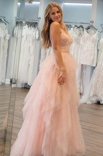 Off-the-Shoulder Multi Layer Strapless Sequin Beaded Tulle Stunning Light Pink Prom Dresses