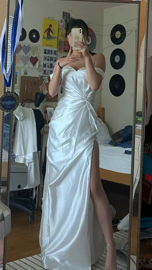 Off-the-Shoulder Pleated Strapless Ankle Length Wedding Dress With Slit