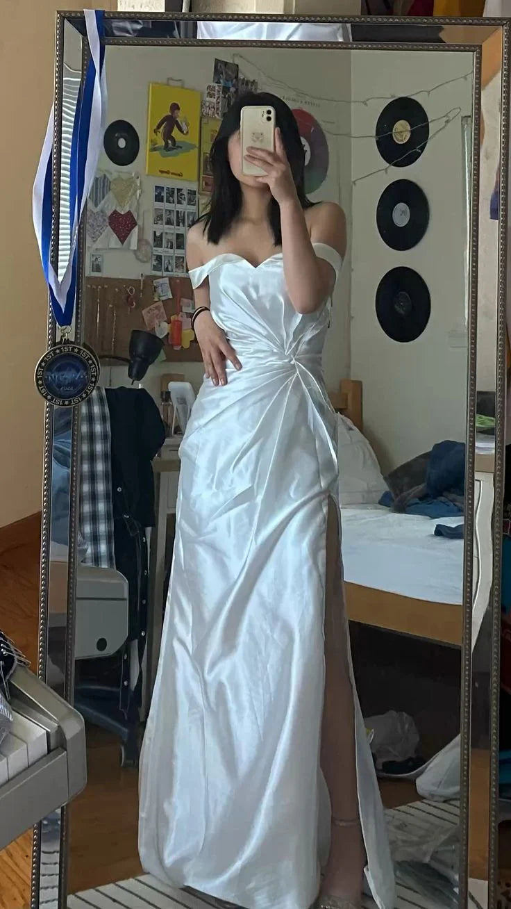 Off-the-Shoulder Pleated Strapless Ankle Length Wedding Dress With Slit