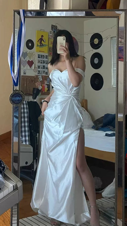 Off-the-Shoulder Pleated Strapless Ankle Length Wedding Dress With Slit