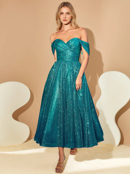 Formal Women's Dresses A-Line/Princess Sweetheart Off-the-Shoulder Sleeveless Tea-length Prom Cocktail Dresses with Sequins Prom Dresses Stores