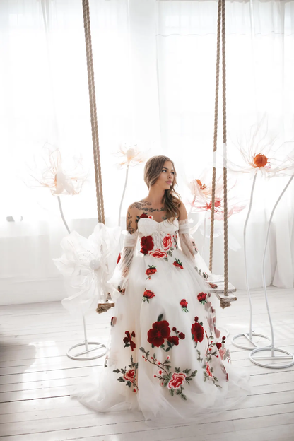 Xuewuba Prom Shop Dresses Romantic Off-the-Shoulder Wedding Gown With Roses Formal Women's Dresses