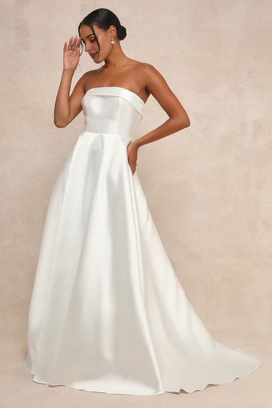 Off-the-Shoulder White Bow Strapless A-Line Wedding Dress With Train