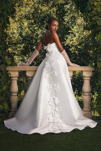 Off-the-Shoulder White Bow Strapless A-Line Wedding Dress With Train