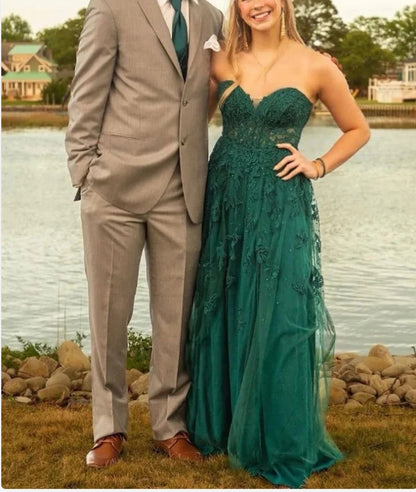 Off-the-Shoulder A-line Strapless Floral Appliques Long Prom Dresses