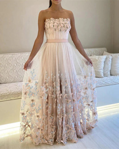 Off-the-Shoulder Tulle Stapless Prom Dresses With Butterfly Lace