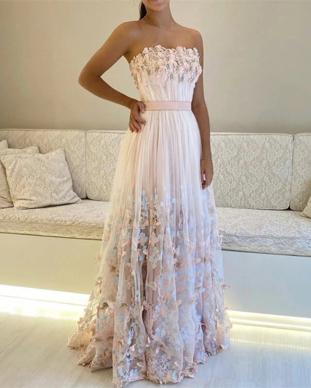 Off-the-Shoulder Tulle Stapless Prom Dresses With Butterfly Lace