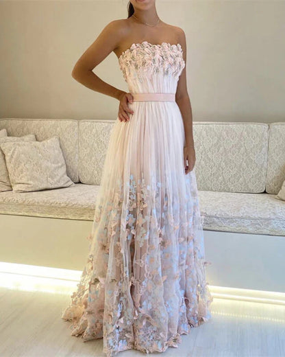 Off-the-Shoulder Tulle Stapless Prom Dresses With Butterfly Lace