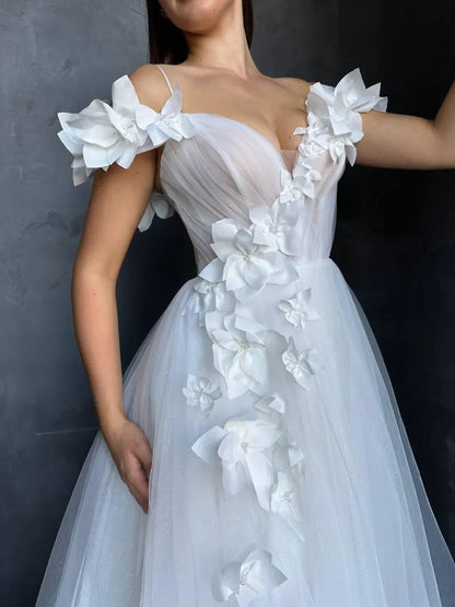 Xuewuba Prom Shop Dresses Handmade Flowers 3D Euro Mesh Corset Wedding Dress Open Shoulder Silhouette Deep V Neckline Romantic Design Formal Women's Dresses