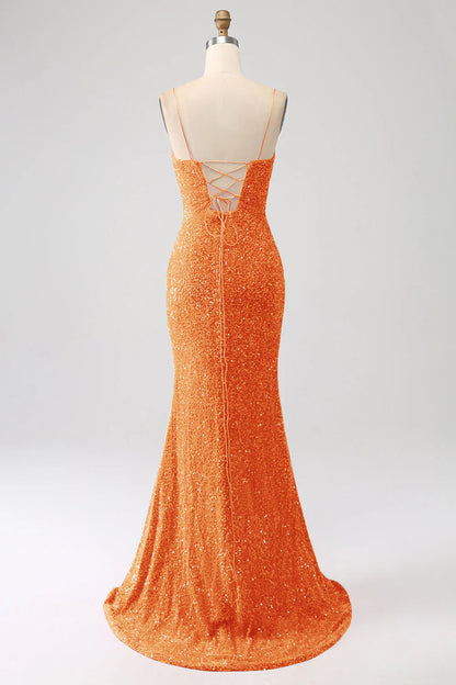 Sequins Mermaid Spaghetti Straps V-Neck Long Prom Dress