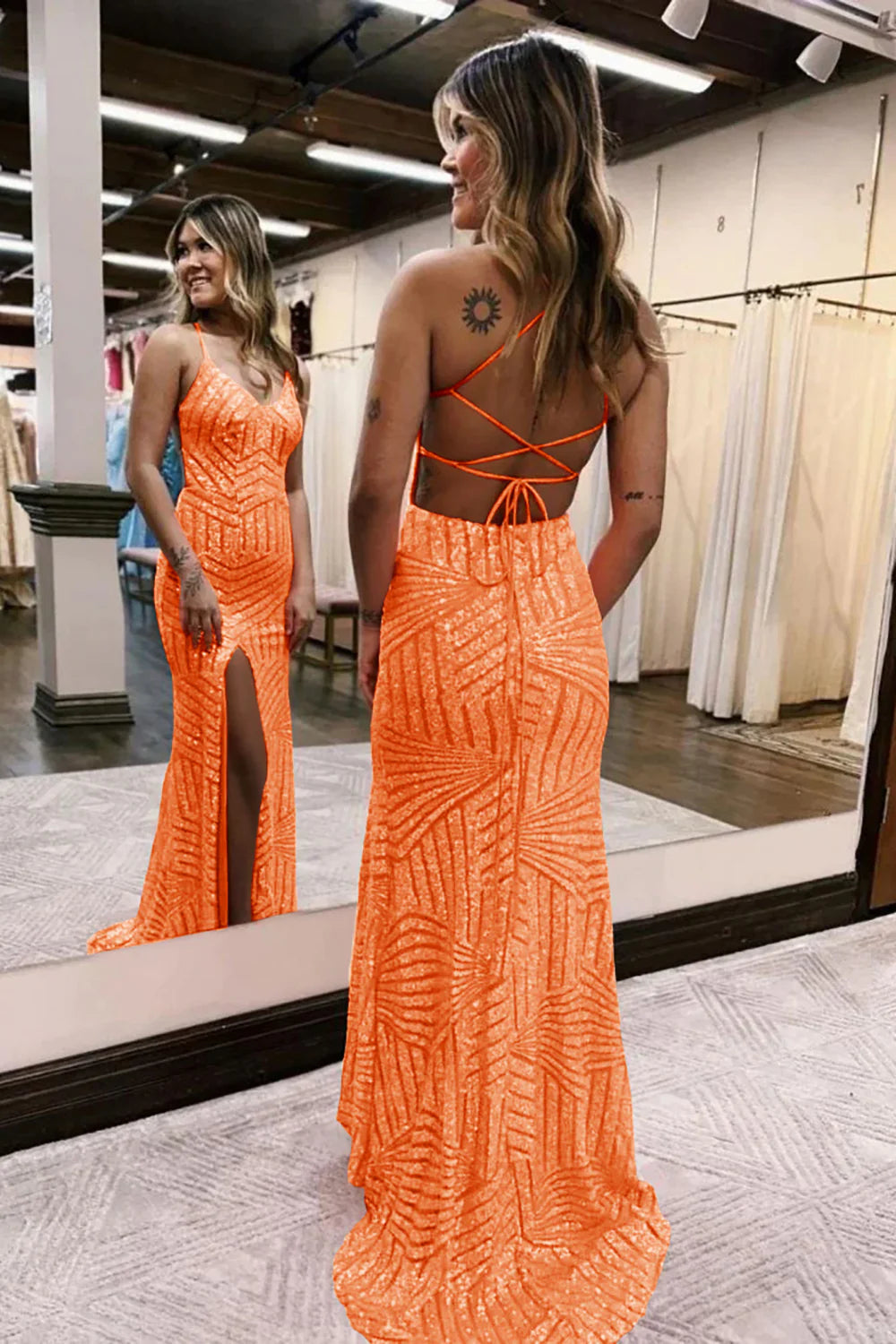 Sequins V-Neck Spaghetti Straps Prom Dress