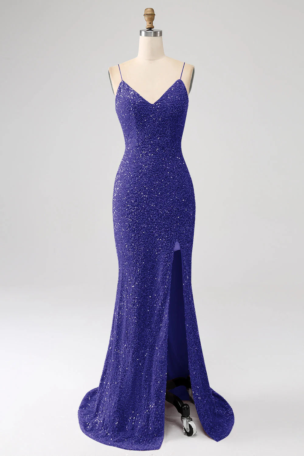 Sequins Mermaid Spaghetti Straps V-Neck Long Prom Dress