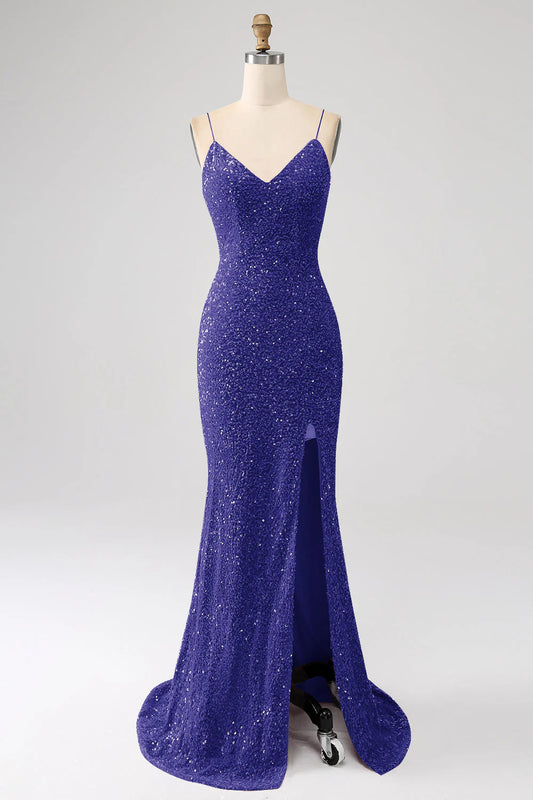 Sequins Mermaid Spaghetti Straps V-Neck Long Prom Dress