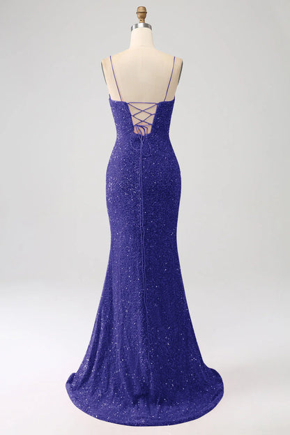 Sequins Mermaid Spaghetti Straps V-Neck Long Prom Dress