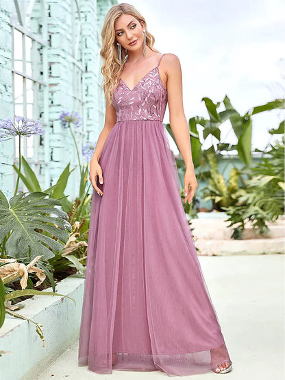 A-Line Spaghetti Strap Floor Length Tulle Sequined Bridesmaid Dress